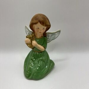 Vintage Ceramic Angel Figurine Green Dress‎ 4.5" Tall Harp Musician Hand-Painted